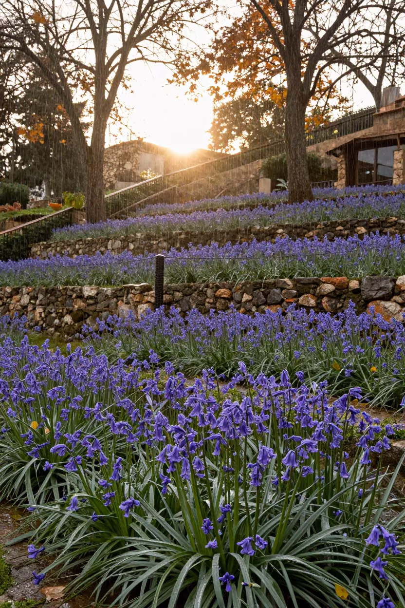 Bluebell Carpet in Catalan Terraced Garden in among terraced garden plots in Catalonia