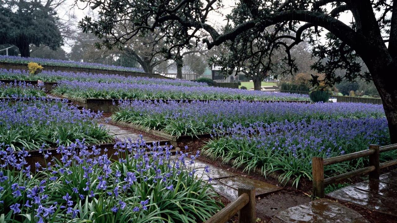 Bluebell Carpet Under Oak in Barbados Garden in among terraced garden plots in Barbados