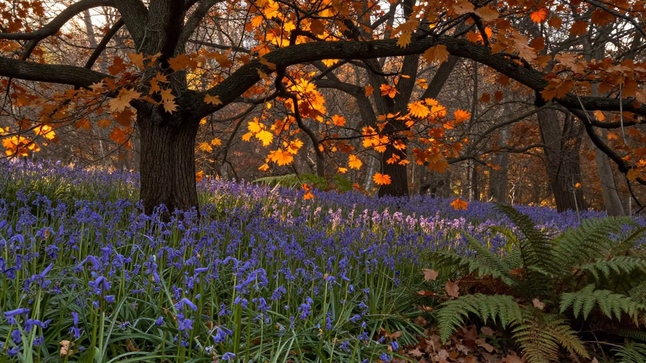 Bluebell Carpet Under Oak Canopy in Late Autumn in on a fern-lined forest floor near Ekibastuz