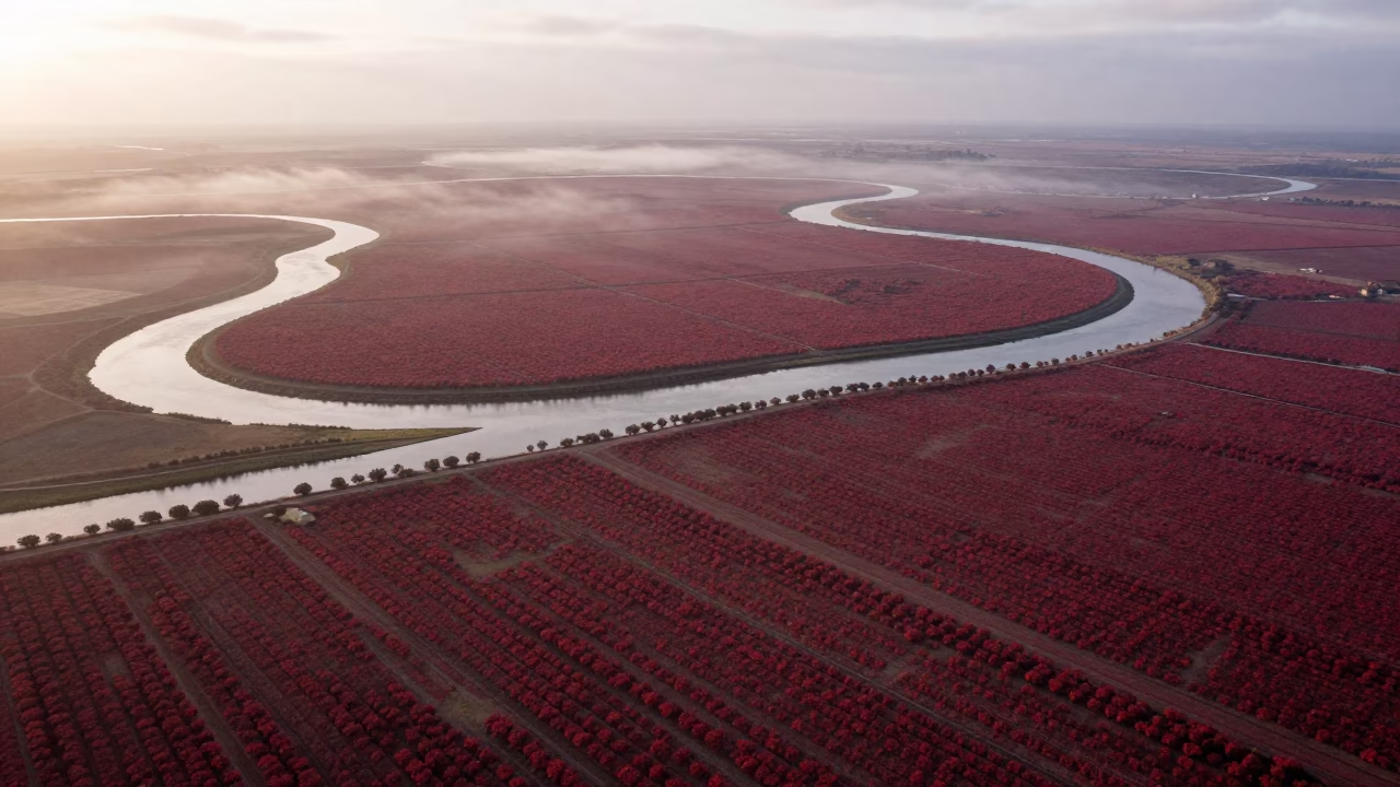 Blueberry Barrens Turn Crimson Before Sunrise in high above braided river channels in Andalusia