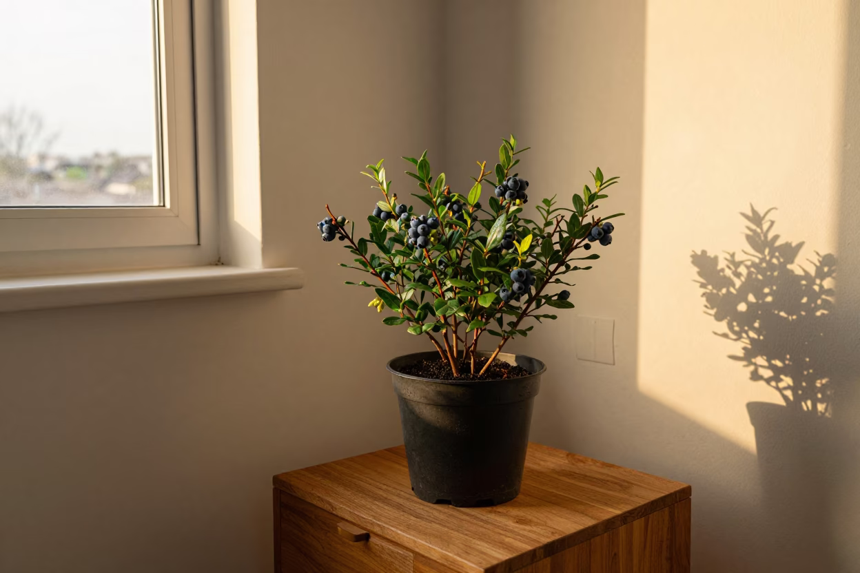 Blueberry Bush on Maiduguri Bedside Table at Sunset in on a bedside table in Maiduguri