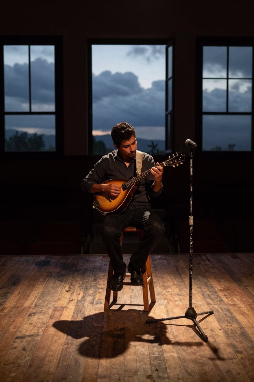 Bluegrass Mandolin Player on Oaxaca Stage in on a theater stage in Oaxaca