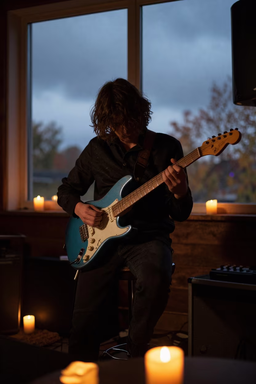 Blues Guitarist Bends String on Stage in on a dimly lit stage in Regina
