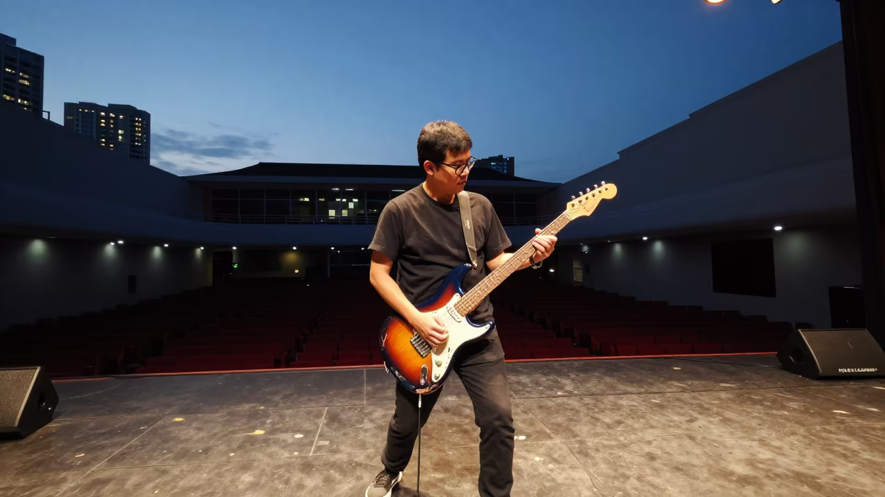 Blues Guitarist Bends String on Telecaster in in a concert hall in Kulim