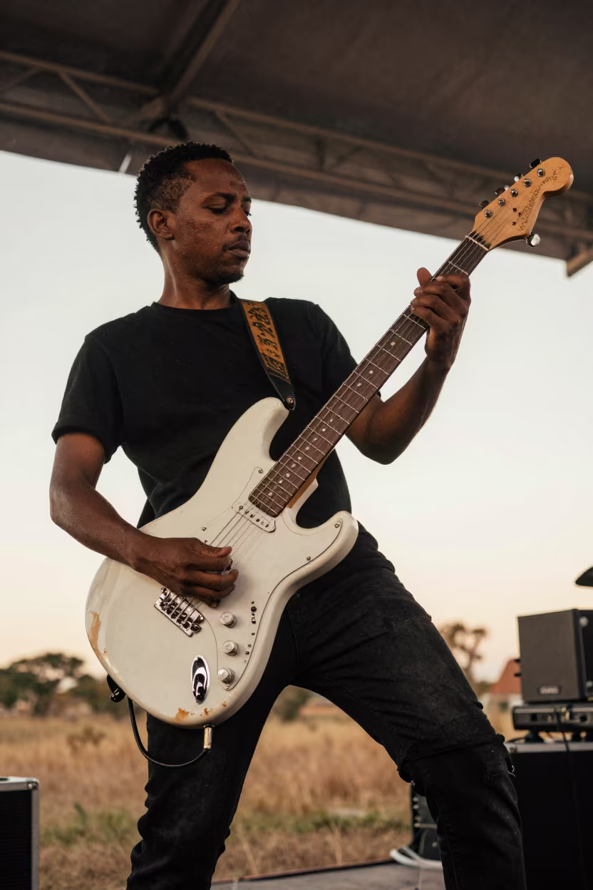 Guitarist Bends String on Telecaster Stage in on a dimly lit stage in Lobamba