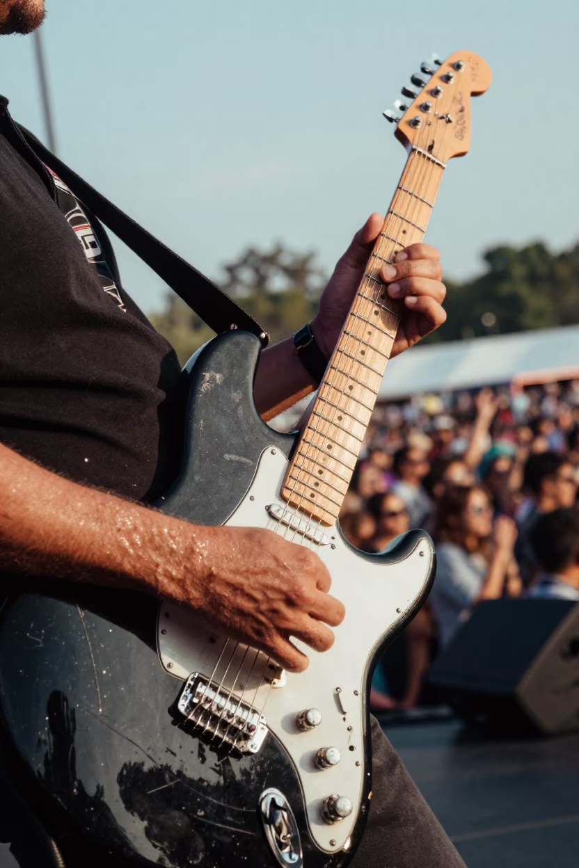 Blues Guitarist Bends String on Worn Telecaster in on a festival main stage in Anand