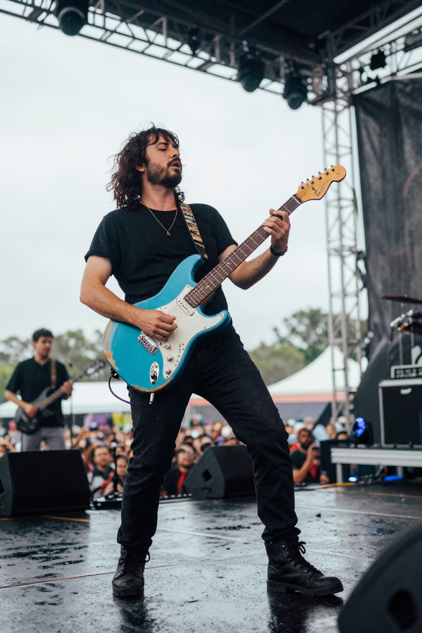 Blues Guitarist Bends String on Worn Telecaster in on a festival main stage in Guasdualito