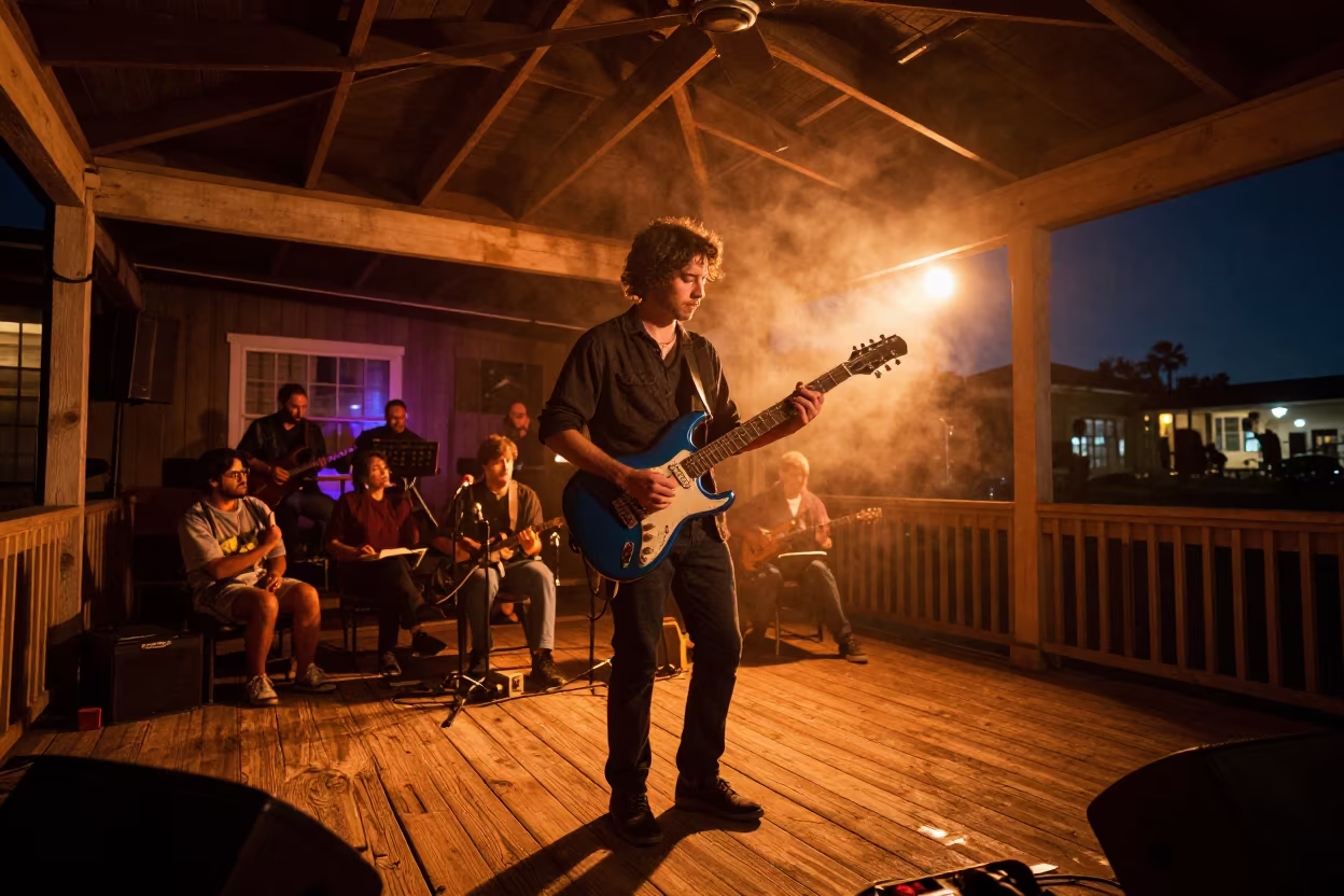 Blues Guitarist Performing on Monterey Porch at Night in at a jazz club in Monterey