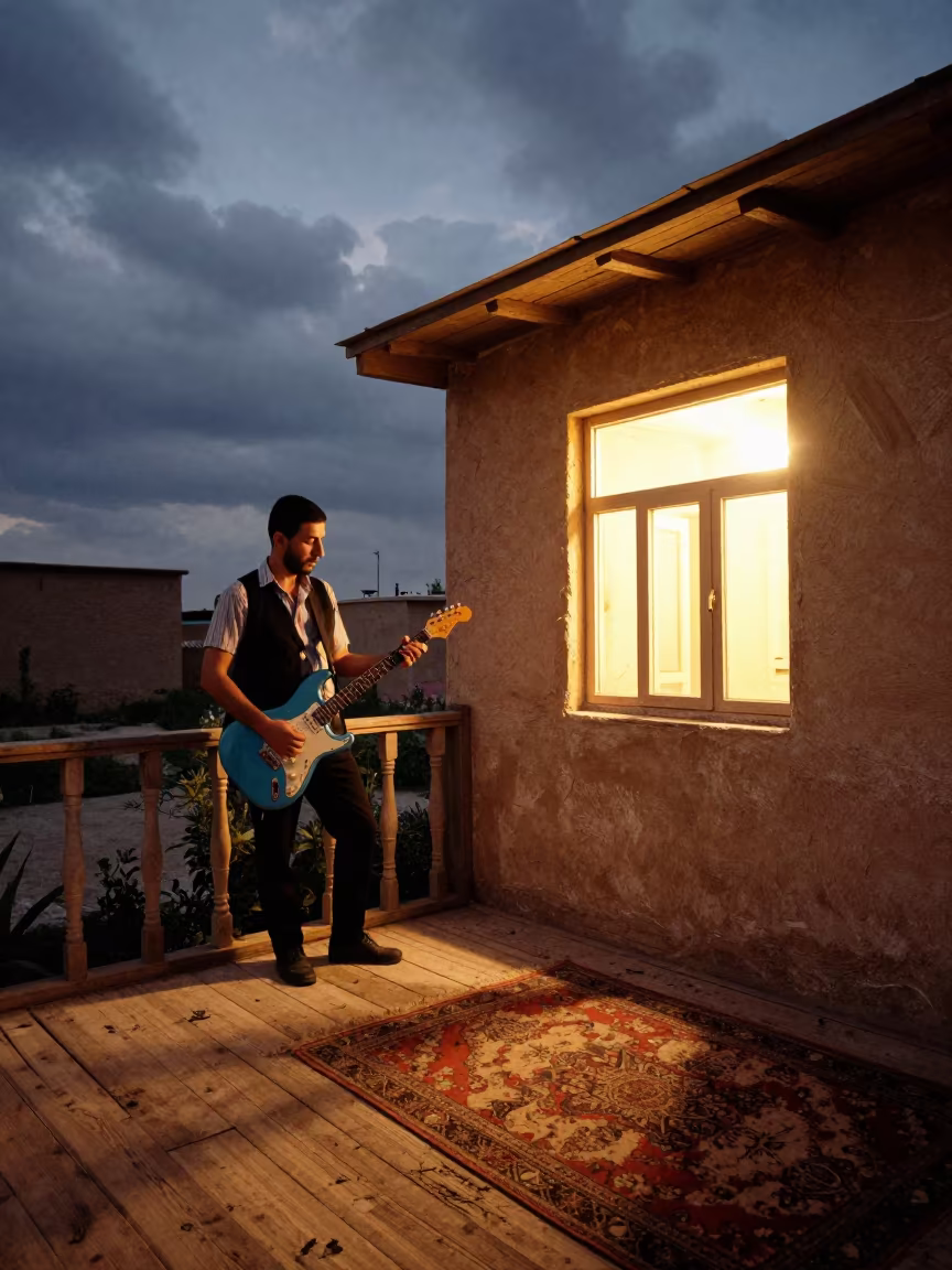 Blues Guitarist Night Porch Rehearsal Tikrit in in a rehearsal room in Tikrit