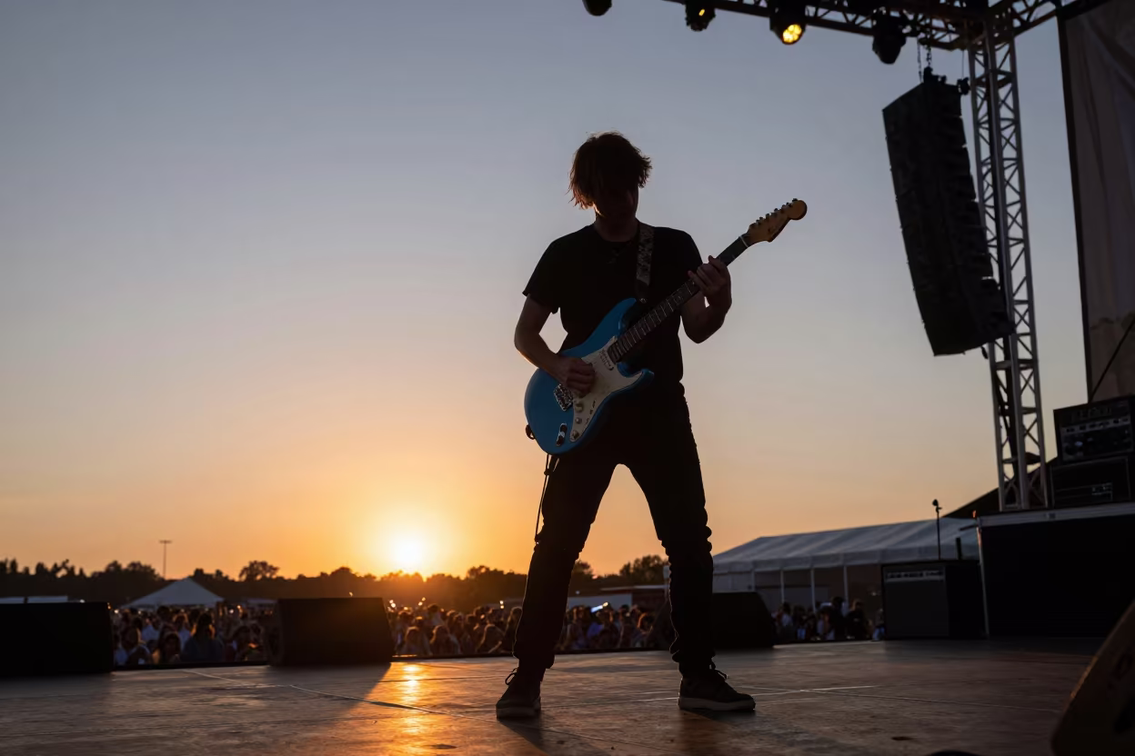 Blues Guitarist Silhouette at Alexandria Festival Sunset in on a festival main stage in Alexandria