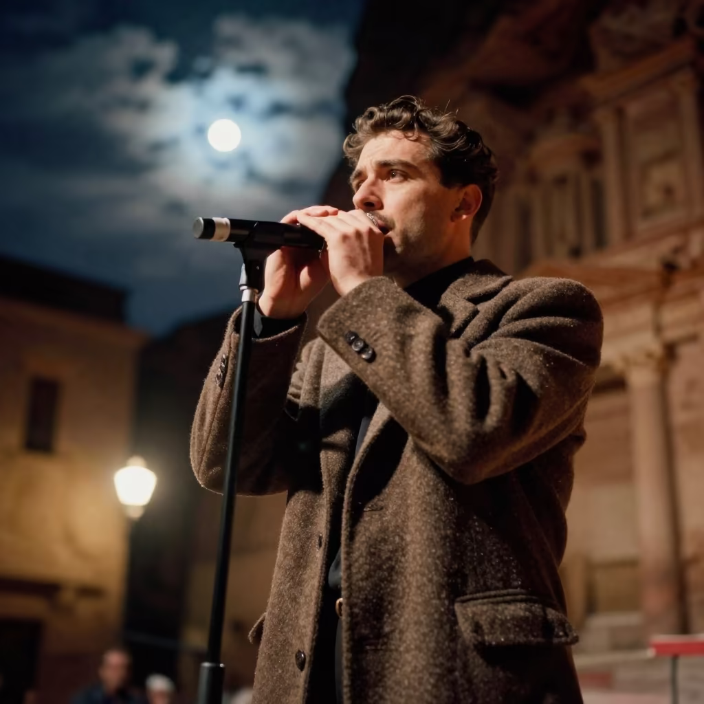 Blues Harmonica Player Night Stage Petra in on a theater stage in Petra