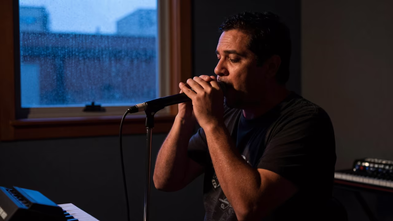 Blues Harmonica Player Rim Lit in El Tigre Juke Joint in in a rehearsal room in El Tigre