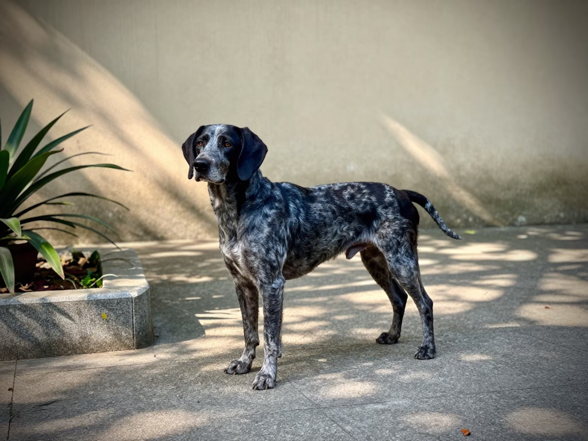 Bluetick Coonhound on Quiet Park Path in Dongshan in near a garden edge with soft morning light and an uncluttered background in Dongshan, Guangzhou