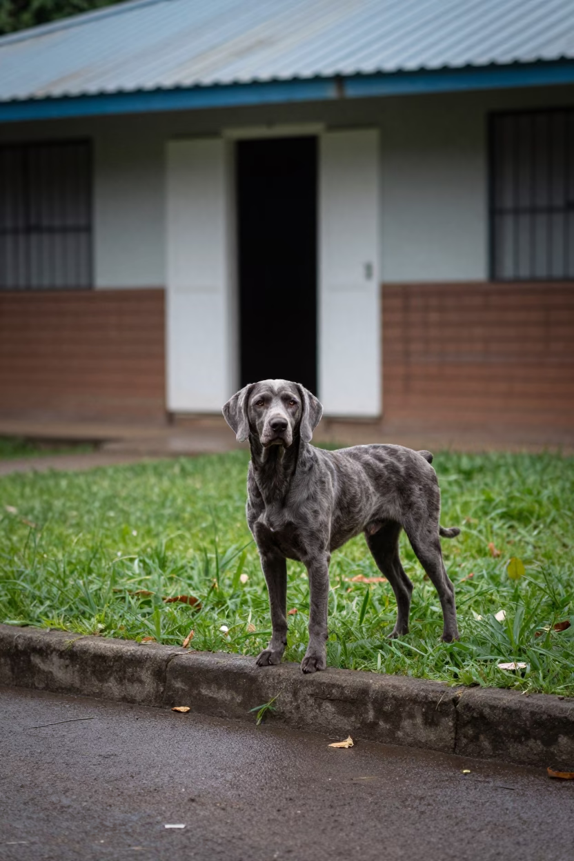 Bluetick Coonhound on Quiet Park Path in Ibagué in in a small yard with clipped grass, calm light, and the animal centered in frame in Ibagué
