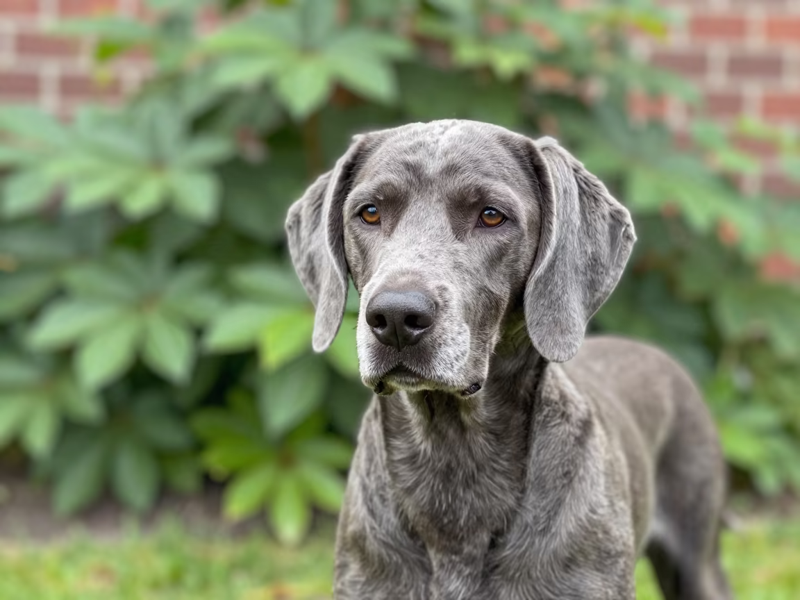 Bluetick Coonhound Portrait Garden Edge Rotterdam in near a garden edge with soft morning light and an uncluttered background in Rotterdam