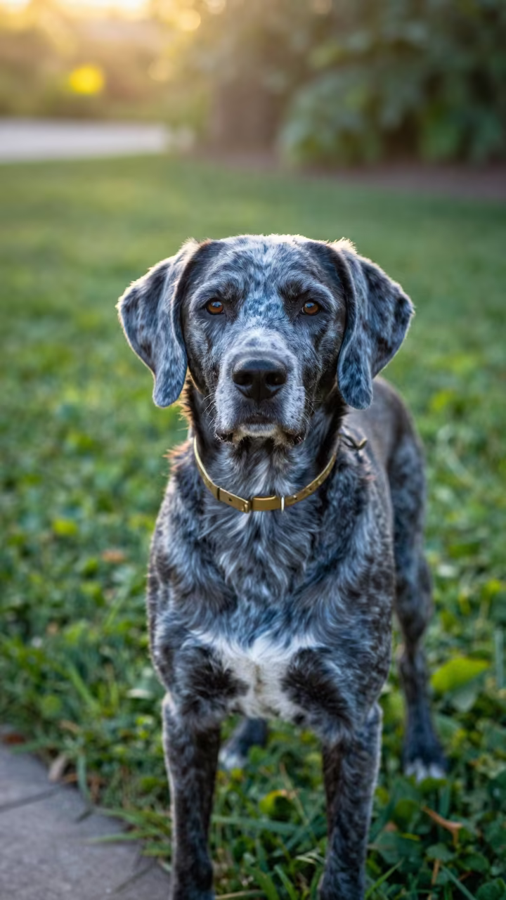 Bluetick Coonhound Portrait in Late Summer Light in near a garden edge with soft morning light and an uncluttered background in Elazığ
