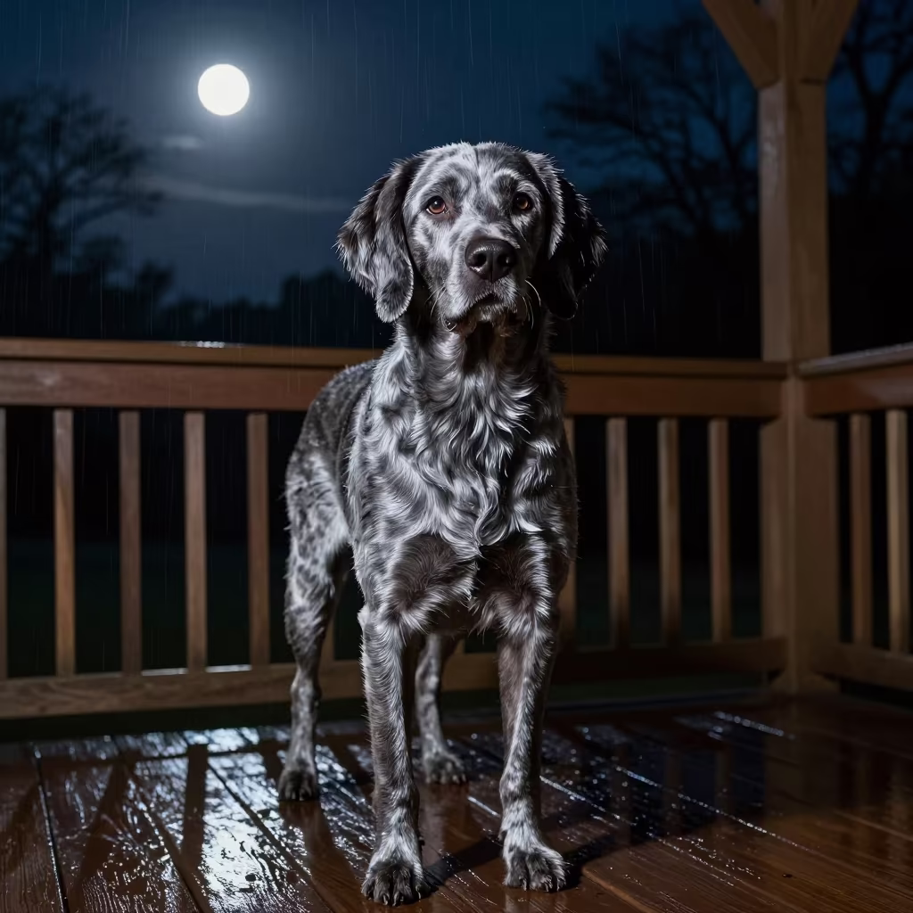 Bluetick Coonhound Portrait in Night Rain in on a shaded front porch with boards, railings, and eye-level framing near Bergamo