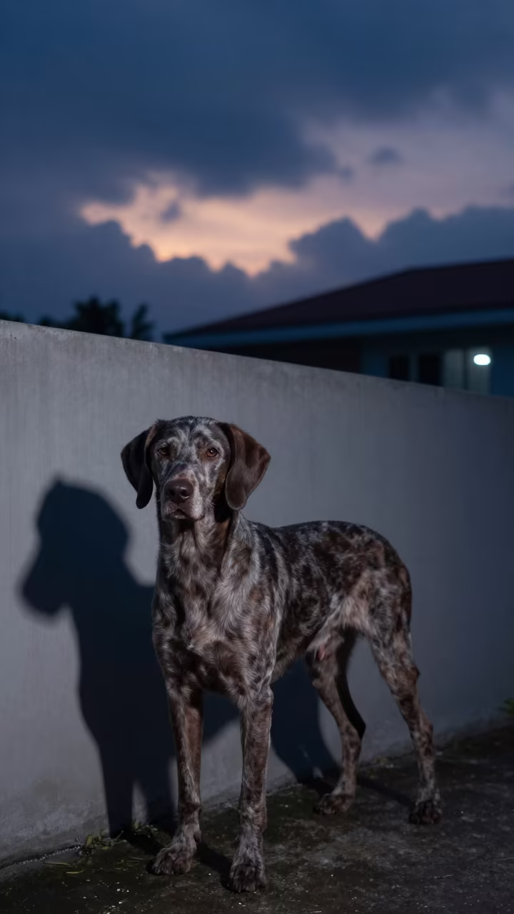 Bluetick Coonhound Portrait in Sandakan Courtyard in beside a plain courtyard wall in clear daylight with the animal at eye level in Sandakan