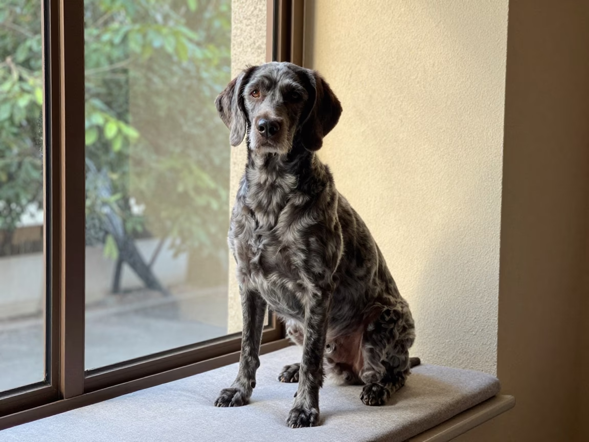 Bluetick Coonhound Portrait on Window Seat Hefei in on a cushioned window seat with soft side light and an uncluttered background near Hefei