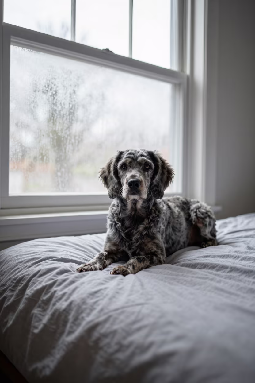 Bluetick Coonhound Resting on Bedspread Near Window in on a bedspread near a bright window with calm indoor light near Perth