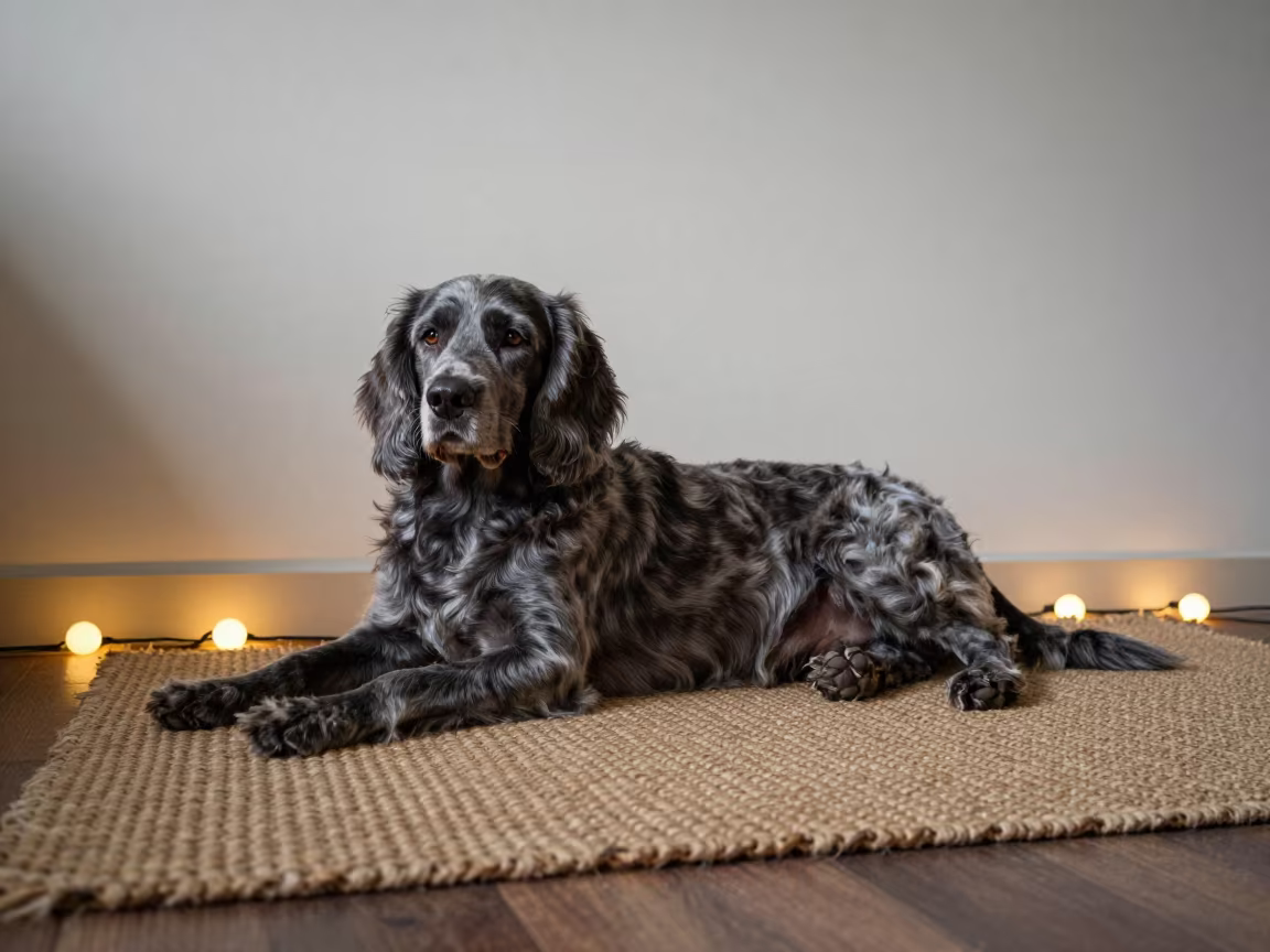 Bluetick Coonhound Resting on Rug Near Trier in on a woven rug beside a low couch and an uncluttered wall near Trier