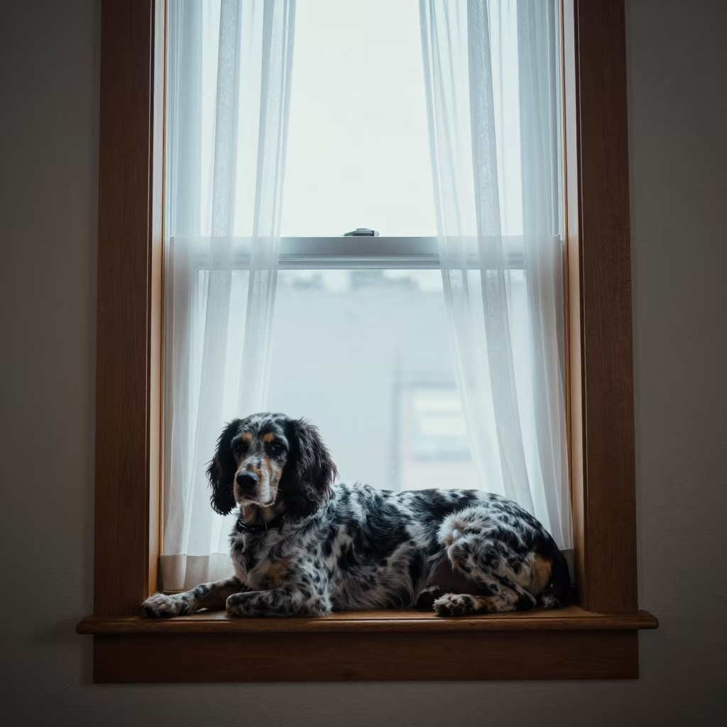 Bluetick Coonhound Resting on Window Seat in on a window seat in a quiet apartment with soft side light in Lakota