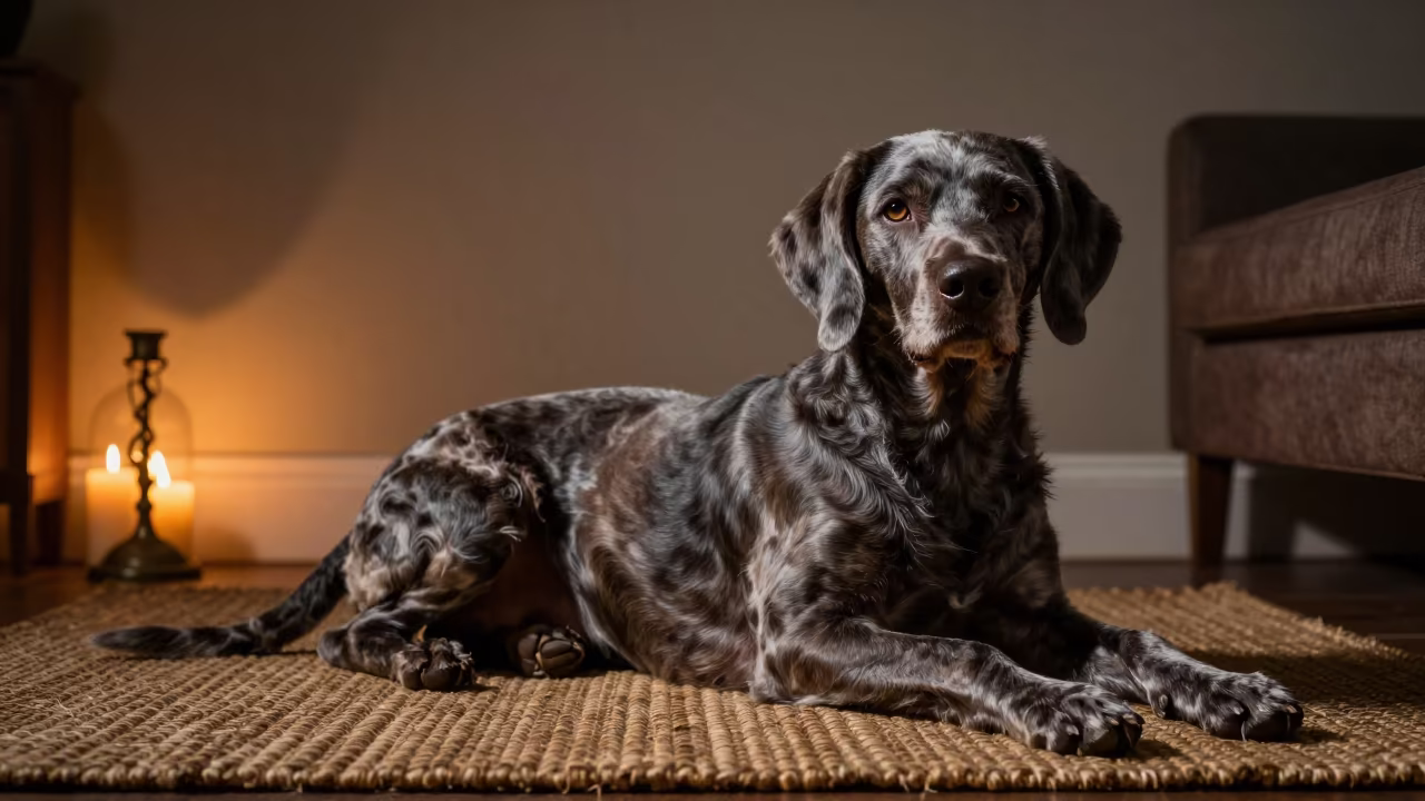 Bluetick Coonhound Resting on Woven Rug at Night in on a woven rug beside a low couch and an uncluttered wall in Kenema