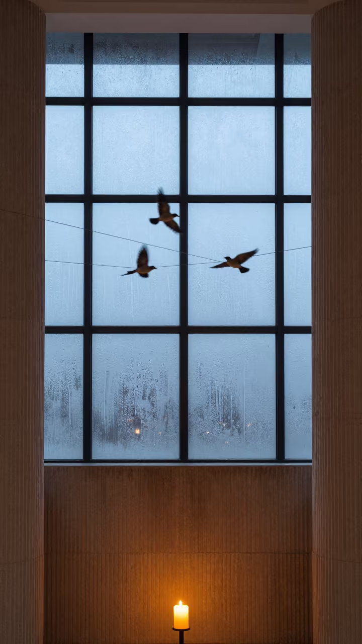 Blur of Birds Launching from Wire in Lobby in inside a ribbed concrete lobby in Qingdao