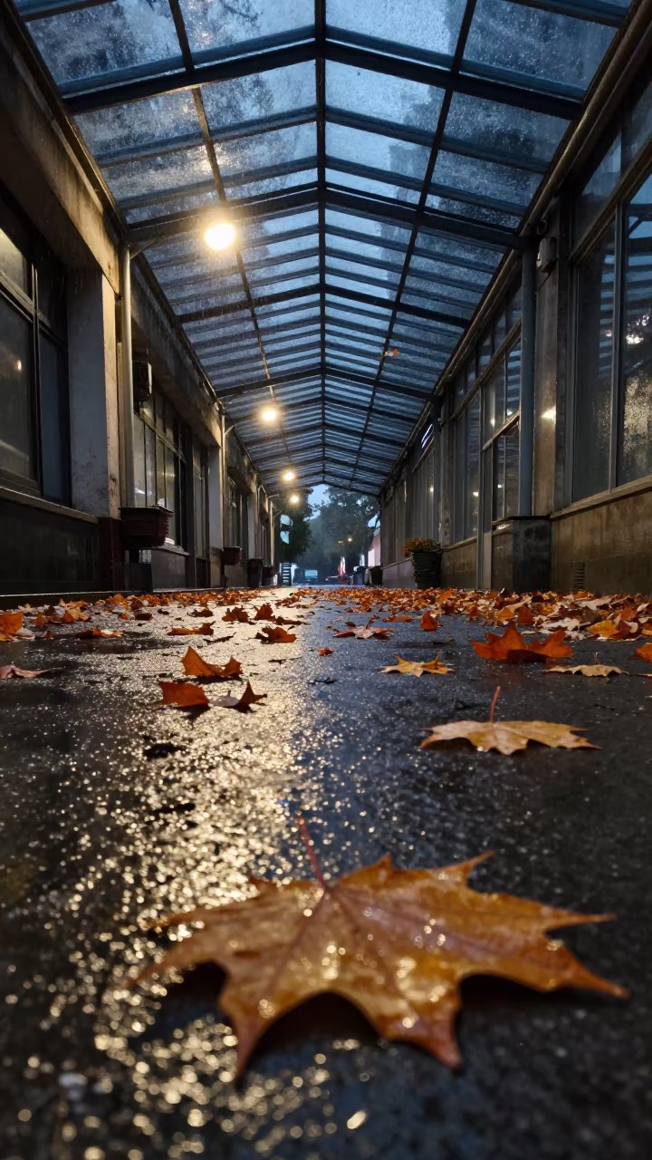 Blurred autumn leaves race across wet arcade floor in inside a glass-roofed arcade in Al Qadarif