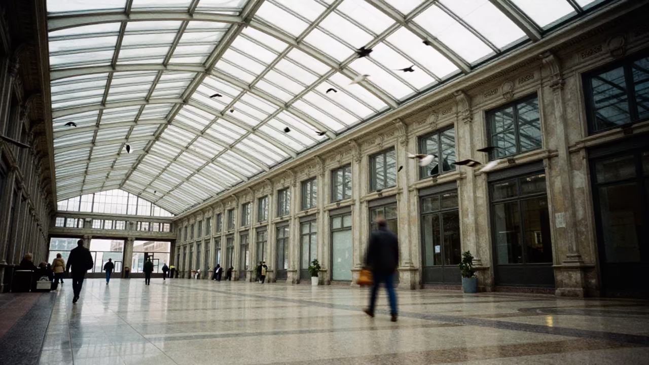 Blurred Birds Launching from Wire in Berlin Arcade in inside a glass-roofed arcade in Prenzlauer Berg, Berlin