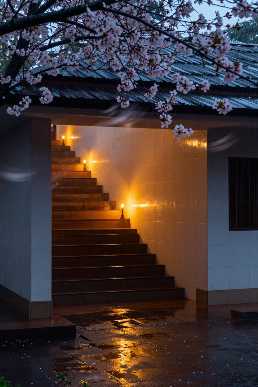 Blurred Cherry Blossoms in Bujumbura Stair Hall in inside a tiled stair hall in Bujumbura