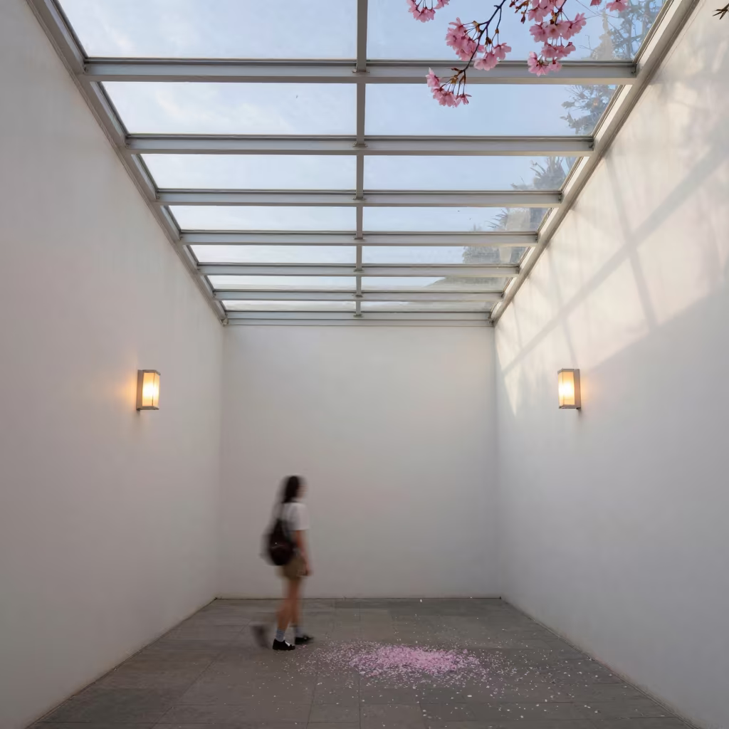 Blurred Cherry Blossoms in San Diego Arcade in inside a glass-roofed arcade in San Diego