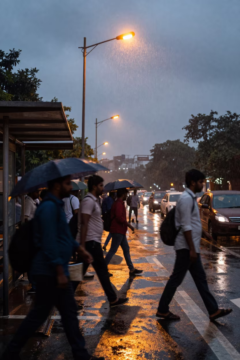 Blurred Commuters Under Delhi Sodium Lamps in beside a steamed-up bus shelter in Delhi