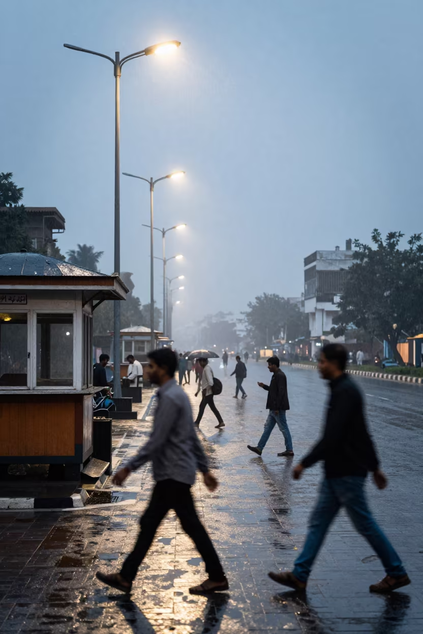 Blurred Commuters Under Sodium Lamps Karachi in by a rain-darkened kiosk in Karachi