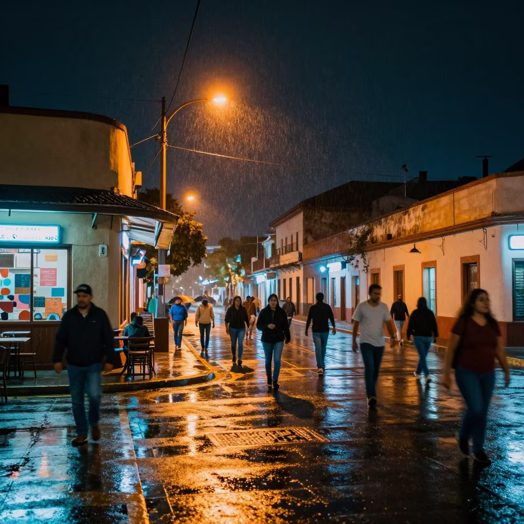 Blurred Commuters Under Sodium Lamps at Night in outside a corner cafe in San Salvador de Jujuy