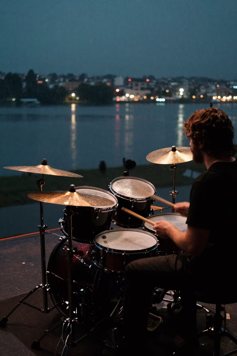 Blurred Drummer Sticks on Stage Wet Season in on a dimly lit stage in Vitarte