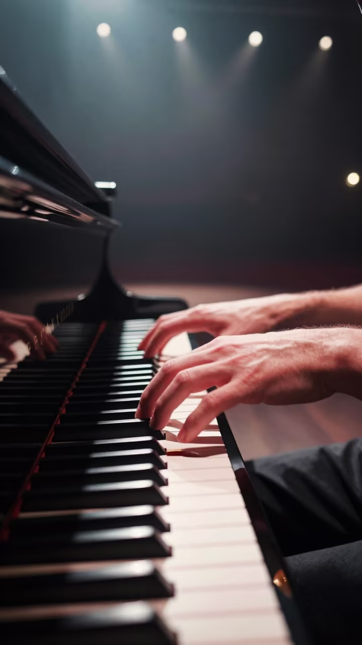 Blurred Hands on Steinway Grand Piano Stage in on a dimly lit stage in Mile End, Montreal