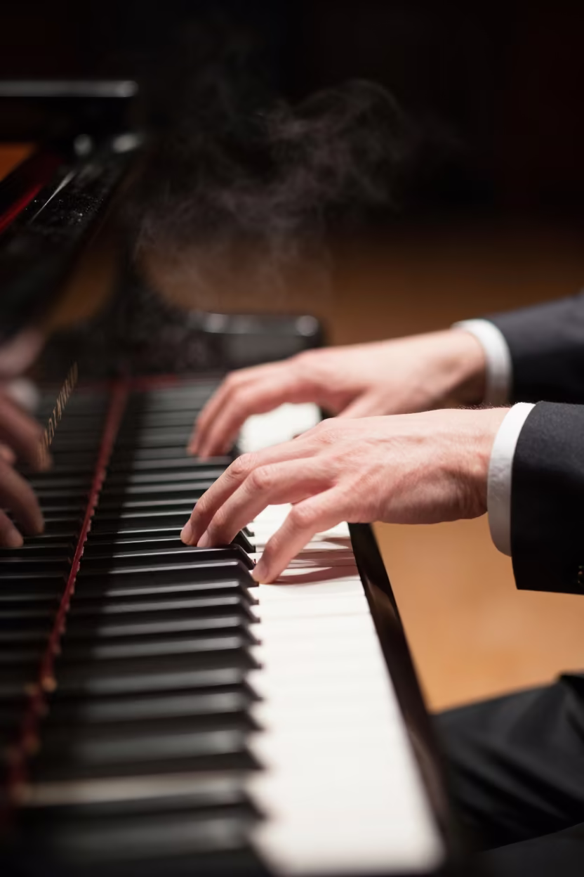 Blurred Hands on Steinway in Pyongyang Concert Hall in in a concert hall in Pyongyang
