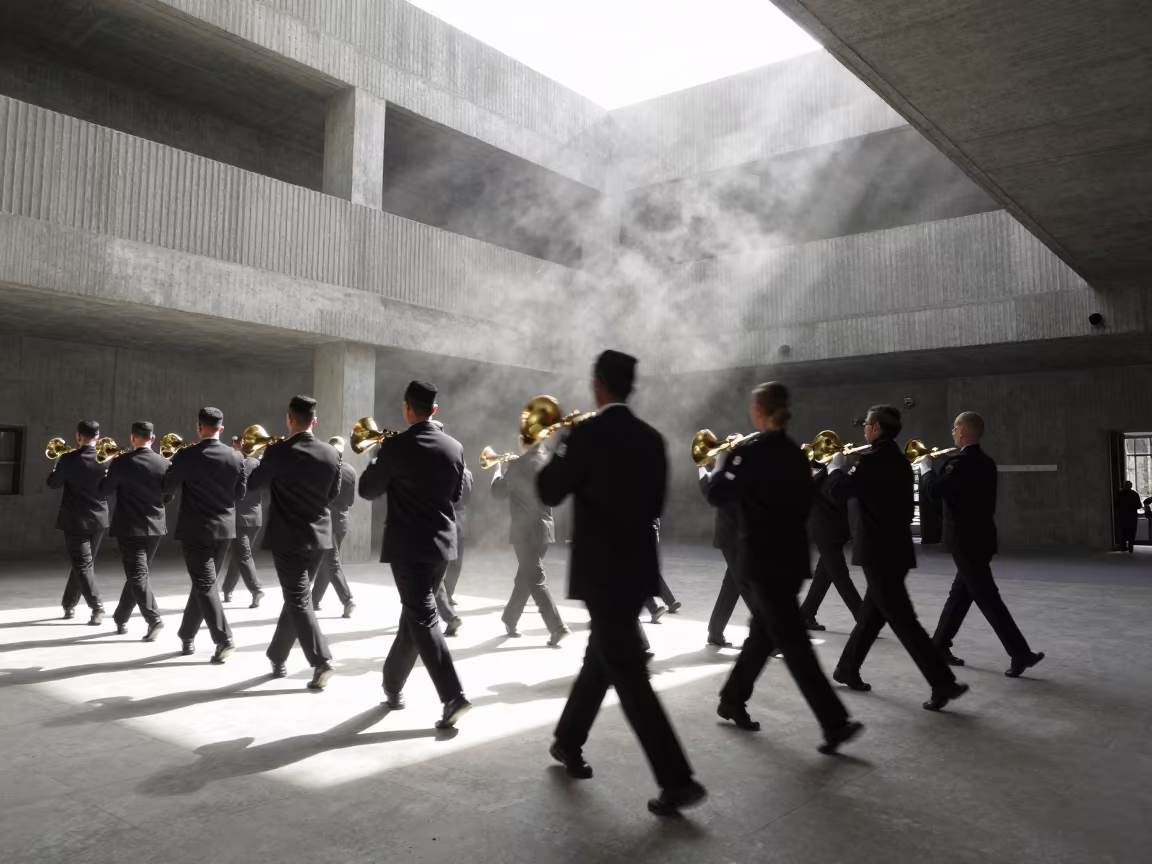 Blurred Marching Band in Concrete Lobby in inside a ribbed concrete lobby in Dushanbe