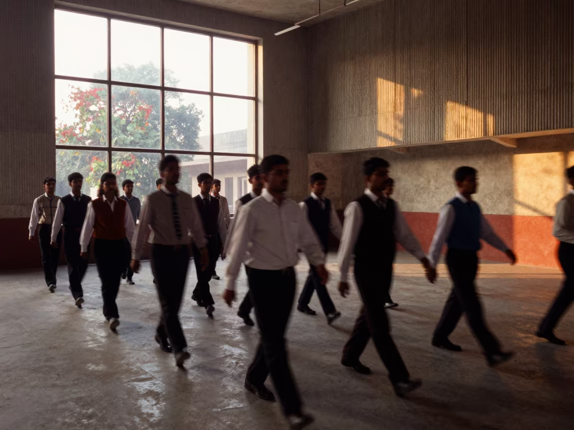Blurred Marching Band in Saharanpur Lobby in inside a ribbed concrete lobby in Saharanpur