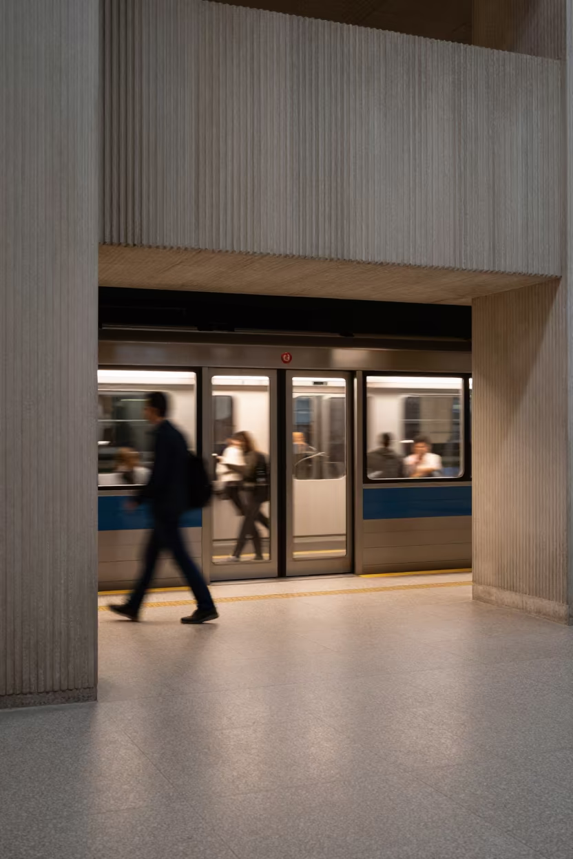 Blurred Subway Door Closing in Raouche Lobby in inside a ribbed concrete lobby in Raouche, Beirut