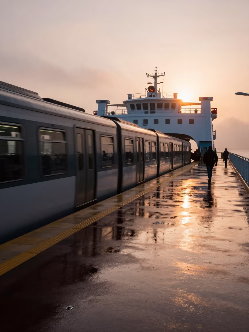 Blurred Subway Train Ferry Sunset Mist Cyprus in across a remote ferry crossing in Cyprus