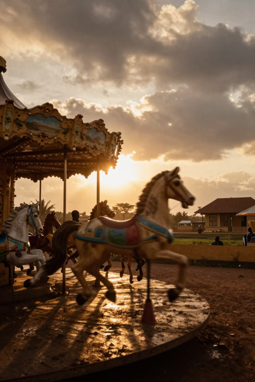 Blurry Carousel Horse in Morning Rain Light in near Garoua