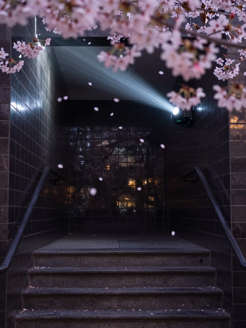 Blurry Cherry Blossoms in SoHo Stairwell in inside a tiled stair hall in SoHo, New York