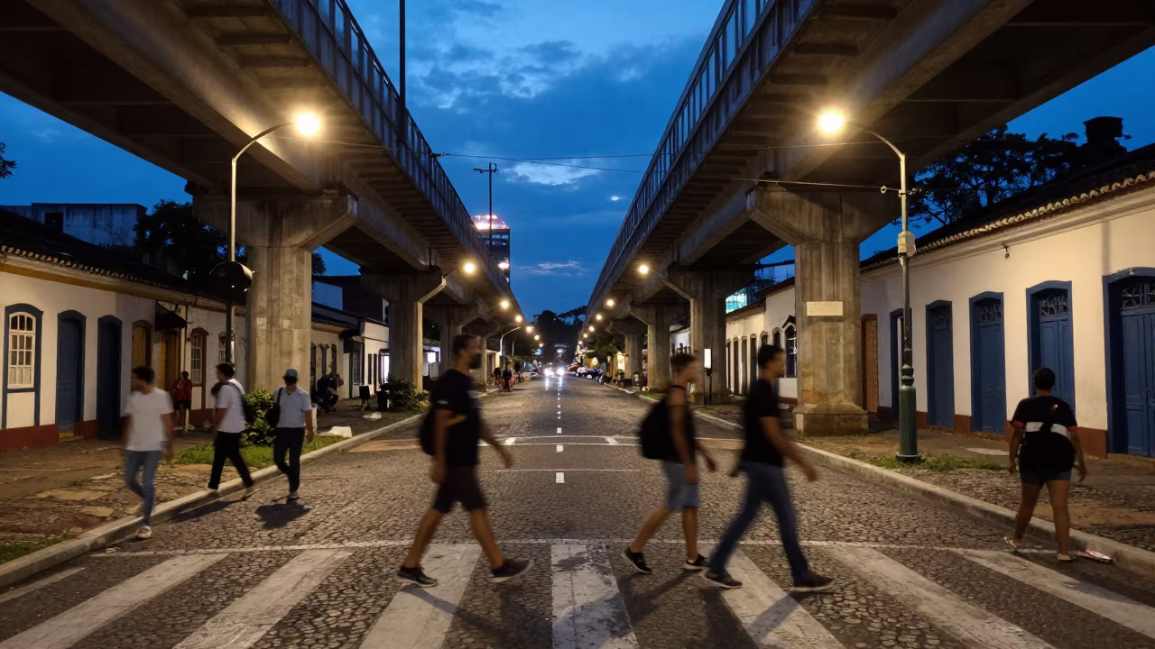 Blurry Commuters Under Paraty Blue Hour in under an elevated train line in Paraty