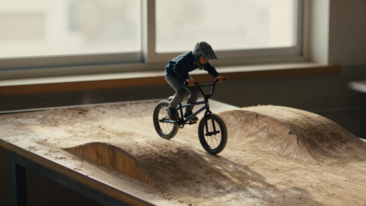 BMX Racer Pumping Through Dusty Whoops on Workbench in on a wooden workbench in Baku