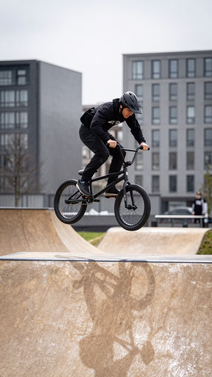 BMX Rider Mid-Air Over Berlin Dirt Ramp in in Berlin