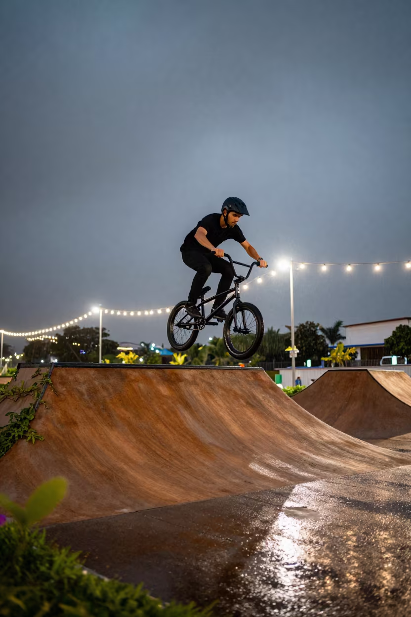 BMX Rider Mid-Air Cholon Street Night in in the old quarter in Cholon, Ho Chi Minh City