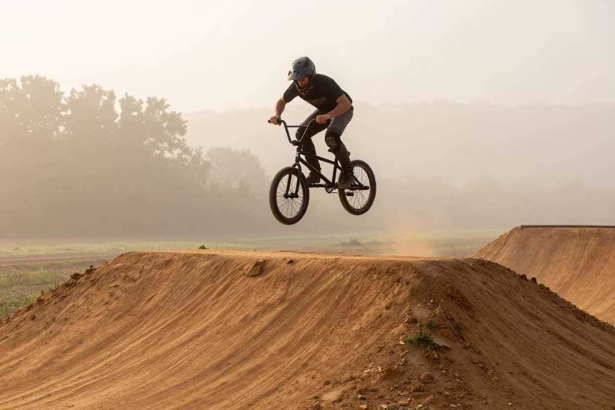 BMX Rider Mid-Air Over Dirt Ramp at Dawn in near Larissa