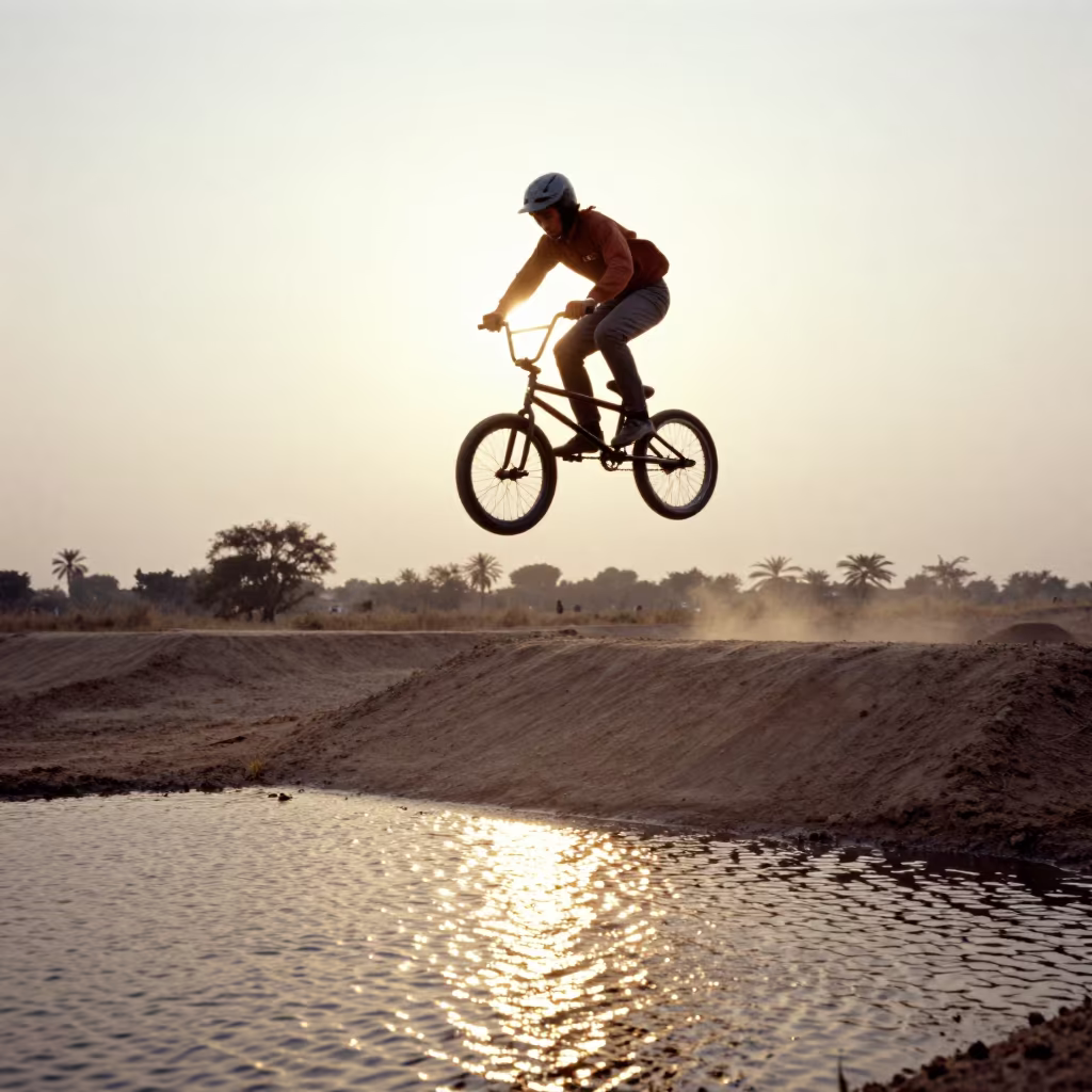 BMX Rider Mid-Air Over Dirt Ramp Near Dera Ghazi Khan in near Dera Ghazi Khan
